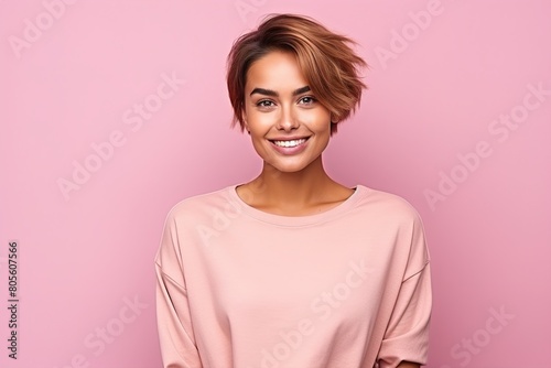 A woman with short hair is smiling and wearing a pink shirt
