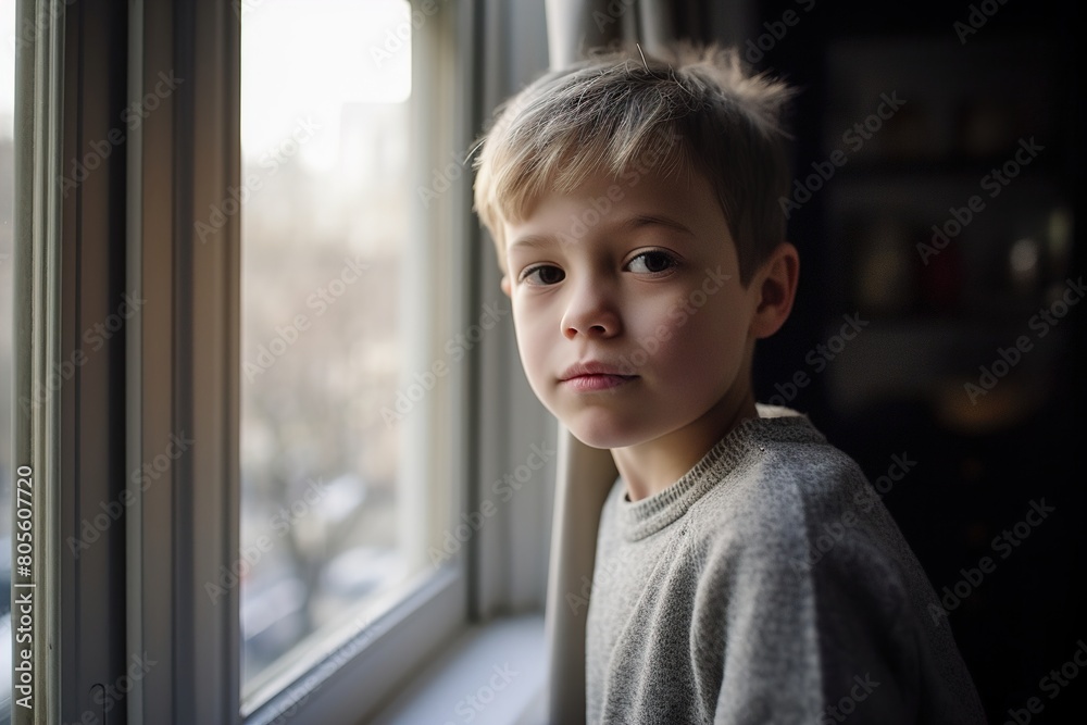 A young boy is sitting in front of a window, looking out at the street A young boy is sitting in front of a window, looking out at the street