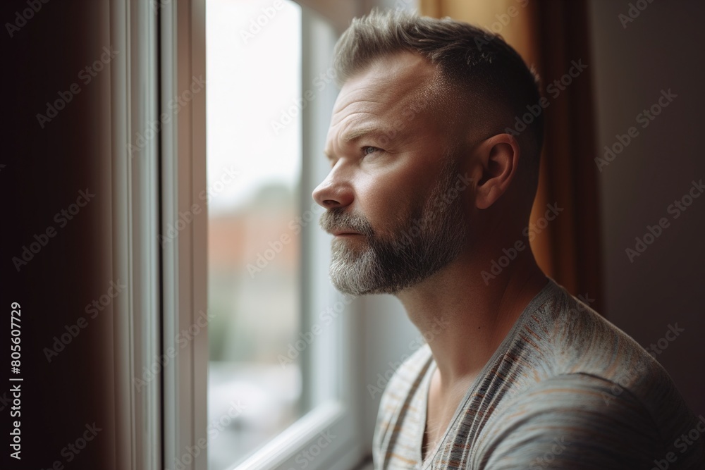 A man with a beard and gray hair is looking out the window A man with a beard and gray hair is looking out the window