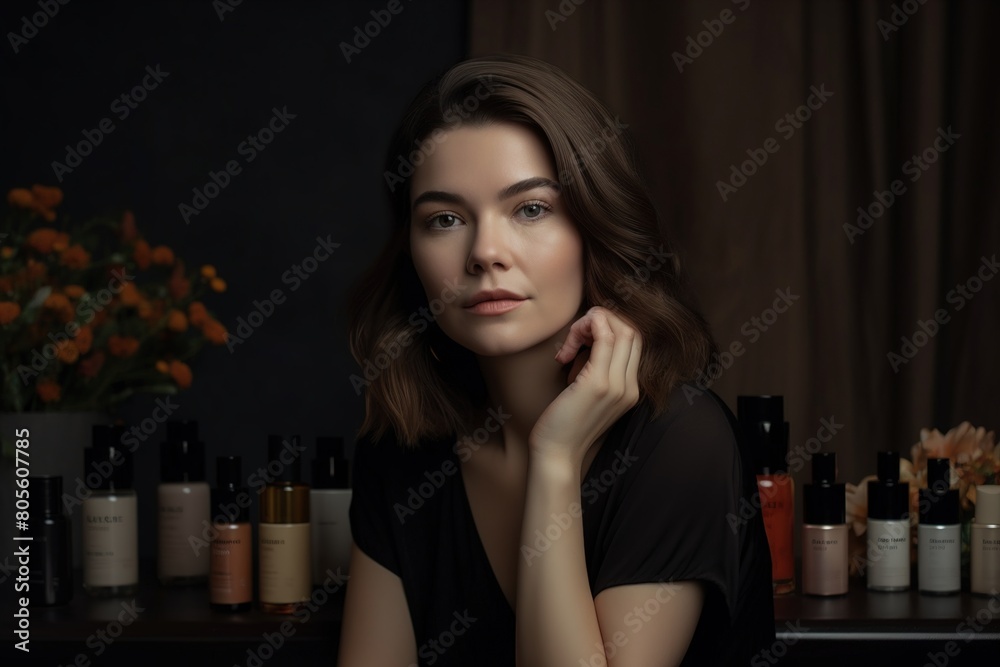 A woman is sitting in front of a table with many bottles of lotion A woman is sitting in front of a table with many bottles of lotion