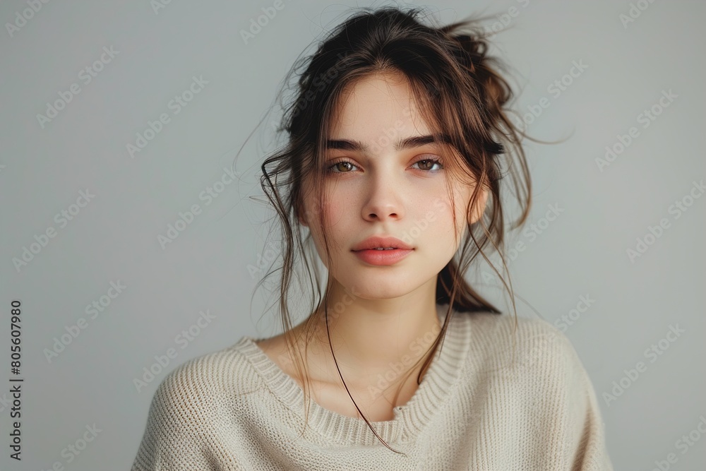 A woman with brown hair and a messy bun is wearing a white sweater A woman with brown hair and a messy bun is wearing a white sweater