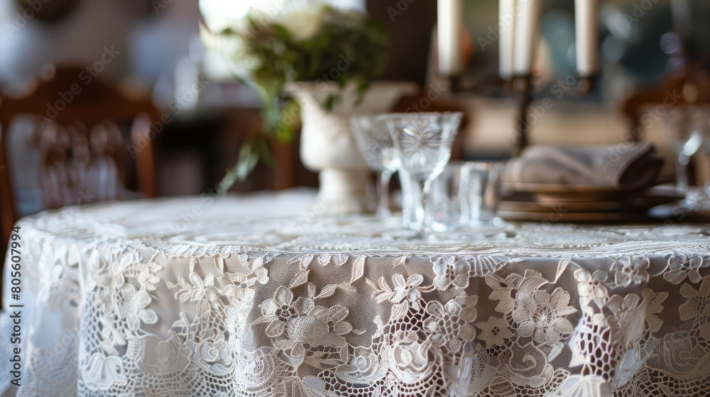 A table covered in a white lace tablecloth