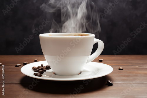 A cup of hot coffee on the table  on a dark background