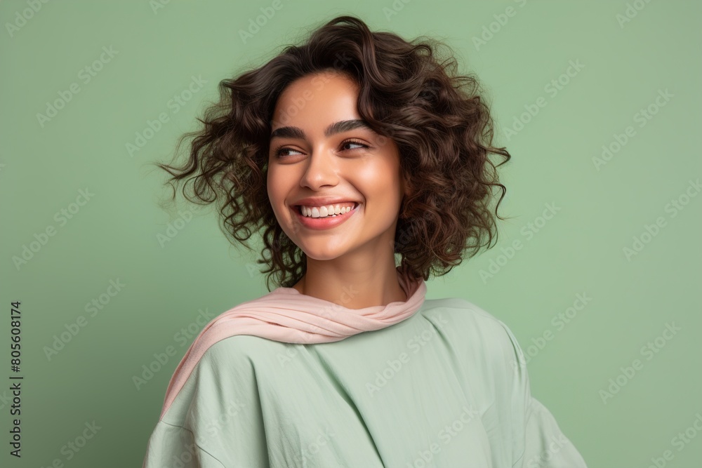 A woman with curly hair is smiling and wearing a pink scarf A woman with curly hair is smiling and wearing a pink scarf