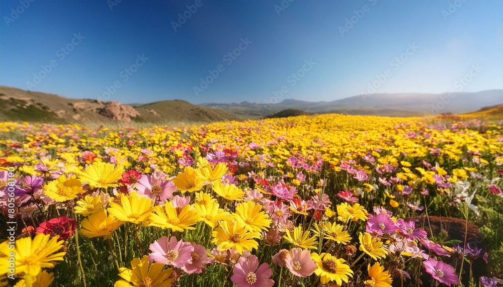 Fototapeta premium A blanket of colorful wildflowers, primarily yellows and pinks, under a clear blue sky