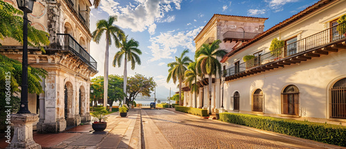Beautiful sunlit street in the Dominican Republic showcasing traditional Spanish colonial architecture and vibrant greenery. photo