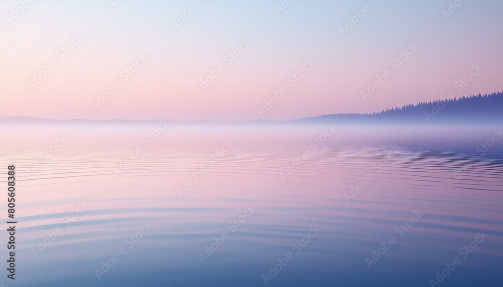 A serene lake at dawn, mist hovering over the water, with a clear sky transitioning