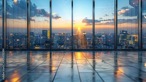 Cityscape Revealed Through Window at Sunset
