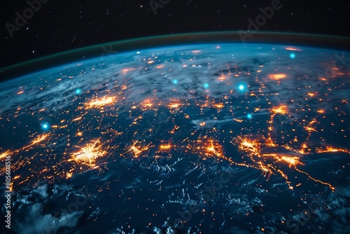 The Earth from space lit with glowing lines and connections showcasing global network and communication