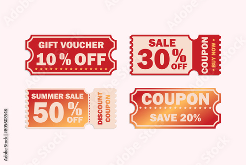 Set of coupon templates. Gift and discount coupons element template. Shopping, marketing, food and drink, business. Vector illustration.