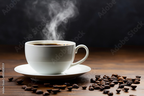 A cup of hot coffee on the table, on a dark background