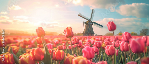 A majestic Dutch windmill overlooks vibrant tulip fields, standing tall against a colorful backdrop.