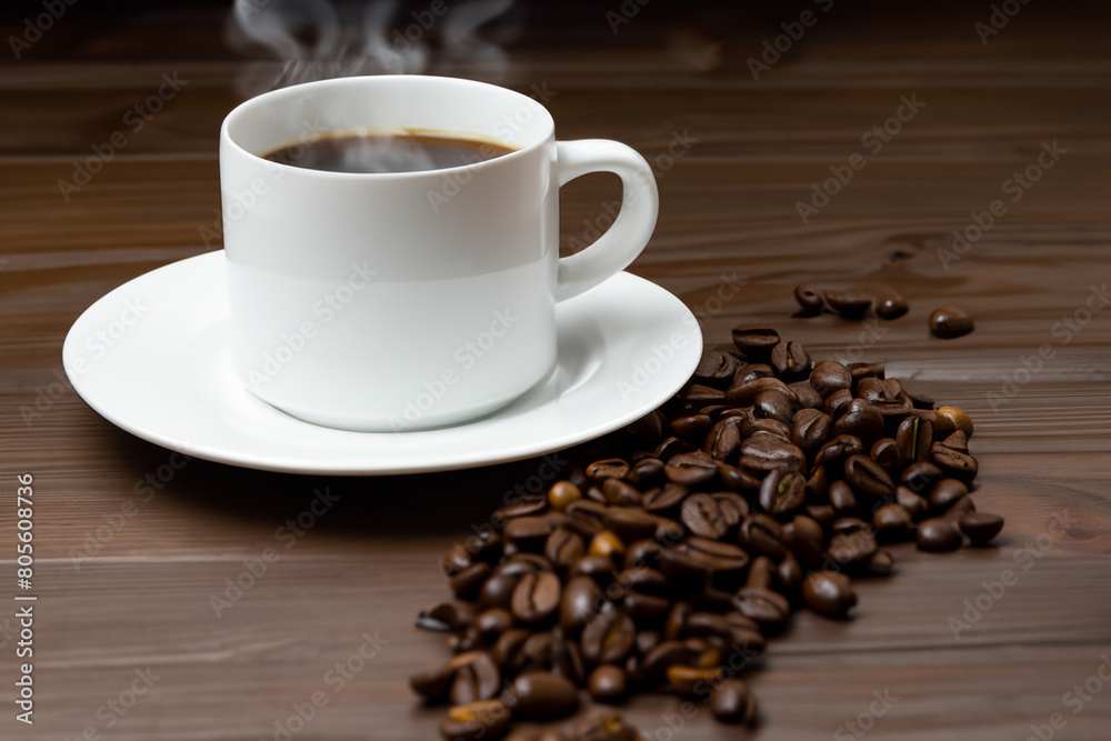 A cup of hot coffee on the table, on a dark background A cup of hot coffee on the table, on a dark background