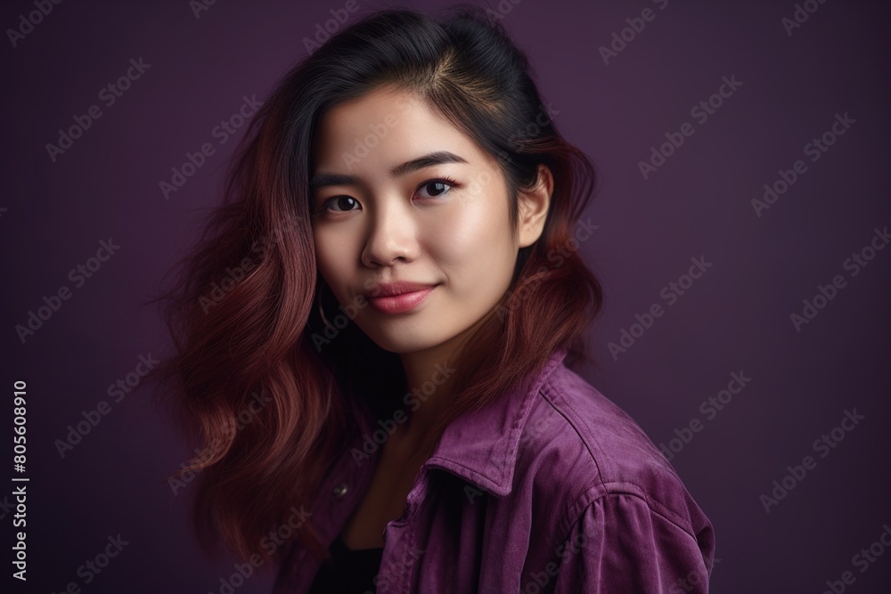 A woman with red hair and a purple jacket is smiling A woman with red hair and a purple jacket is smiling