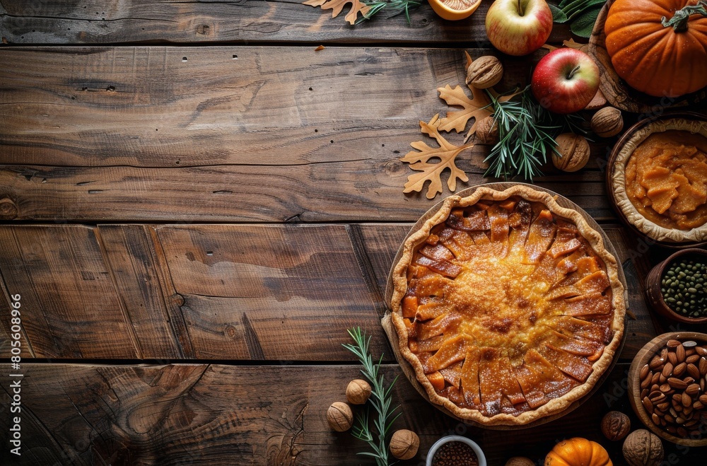 A Pie Surrounded by Thanksgiving Foods on Wooden Table A Pie Surrounded by Thanksgiving Foods on Wooden Table