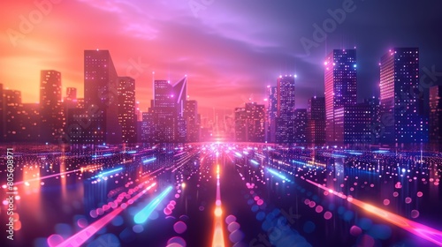 city night lights, at night, the city skyline glows with lights, tall skyscrapers, and a purple sky, casting a captivating and enchanting ambiance into the surroundings