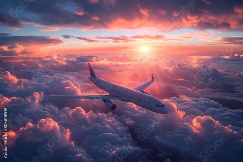A striking capture of an airborne passenger plane against the backdrop of a vibrant sunset and puffy clouds photo