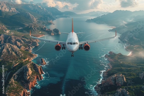 With the sunset light casting a warm glow, the airplane is seen approaching over coastal cliffs and scattered islands, evoking awe and wanderlust