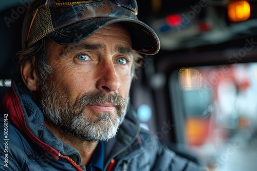 A portrait of a thoughtful, middle-aged bearded man wearing a cap, inside a truck cabin, looking away