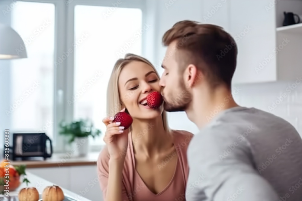 A man and a woman are kissing and eating strawberries A man and a woman are kissing and eating strawberries