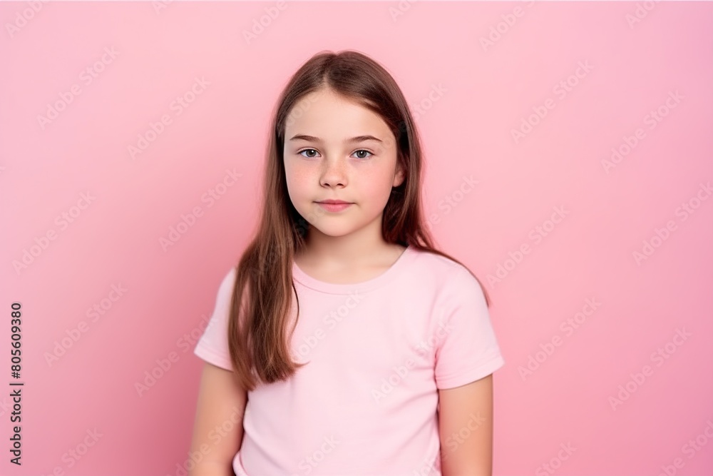 Fototapeta premium A young girl is wearing a pink shirt and standing in front of a pink wall