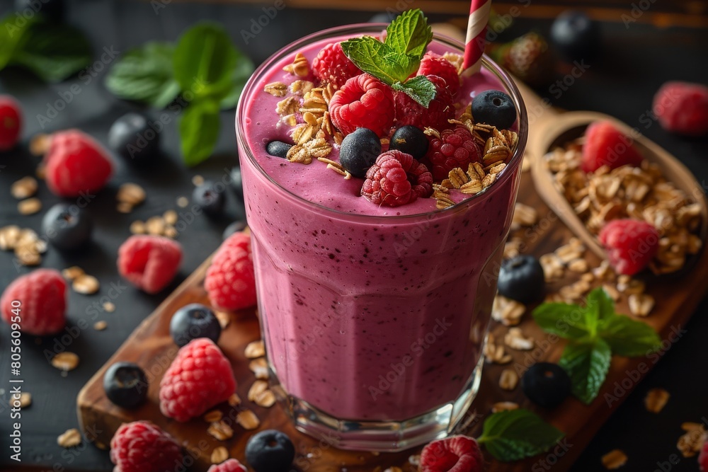 Rich and creamy pink berry smoothie garnished with fresh raspberries and a mint leaf on top Rich and creamy pink berry smoothie garnished with fresh raspberries and a mint leaf on top