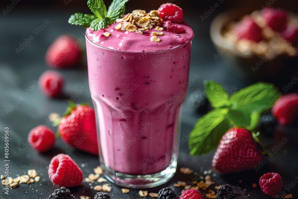 Bright berry smoothie with a side of oats and basil, perfect for a nutritious breakfast Bright berry smoothie with a side of oats and basil, perfect for a nutritious breakfast