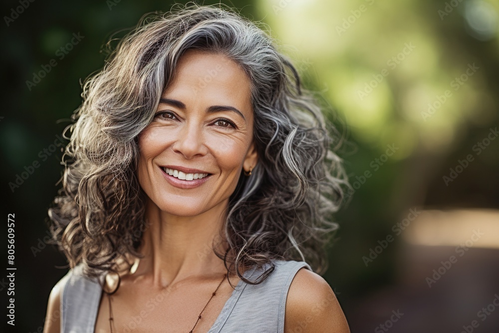 A woman with gray hair is smiling and looking at the camera A woman with gray hair is smiling and looking at the camera