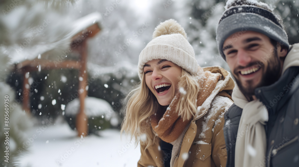 Young couple on the snow in winter 