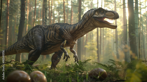 A dinosaur in the forest  like Allosaurus or shotsis  is depicted among eggs and grasslands in a lifelike manner with large scales on its body  wide teeth and a long tail. 