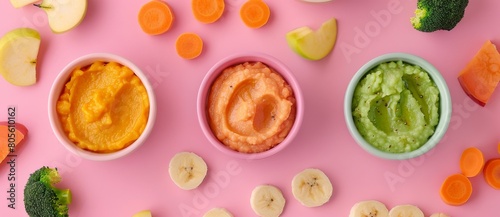 Baby food on a pastel background  beautiful colors mixing  viewed from above.