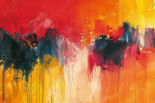 This abstract painting features a bold mix of red and yellow with dynamic strokes and drips creating a lively piece