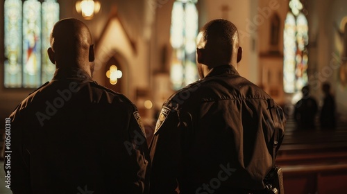 A volunteer security team keeping watch during a service at a church keeping an eye out for any suious activity