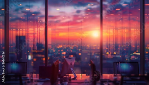 Beautiful blurred background of an office interior with panoramic windows and beautiful lighting  with desks and computers overlooking the city at sunset.