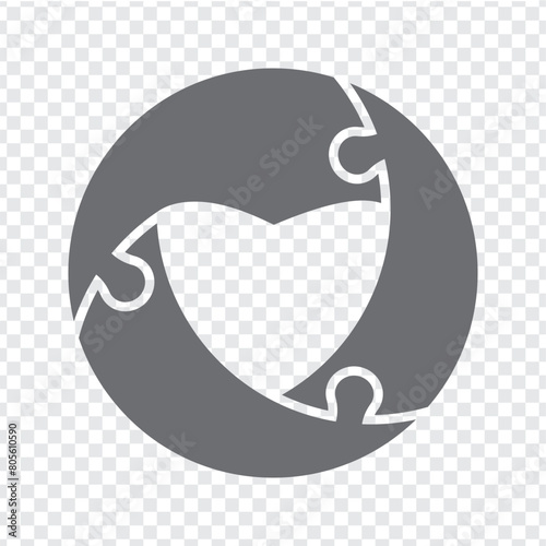 Simple icon puzzle in gray. Simple icon round puzzle with center of heart.  Three elements on transparent background for your web site design, app, UI. EPS10.