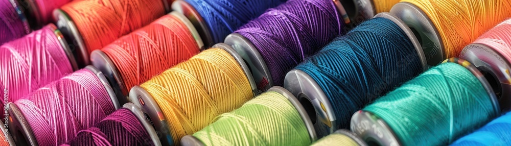 Spools of thread arranged in a rainbow of colors Representing the ...