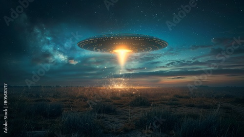 a ufo spaceship lands in a field at midnight, marking the concept of world ufo day photo