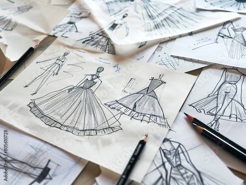 Fashion sketches scattered on a table Representing the creative process and flow of ideas photo