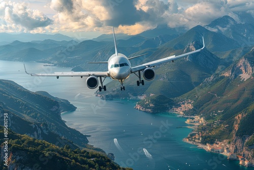 A commercial airliner descends towards an unseen airport, soaring above a stunning coastal town nestled between lush green mountains and a tranquil sea