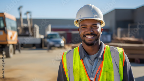 Portrait confident oung man wearing safety helmet and reflective vest, Young and confident engineer wearing hard hat, worker safety concept