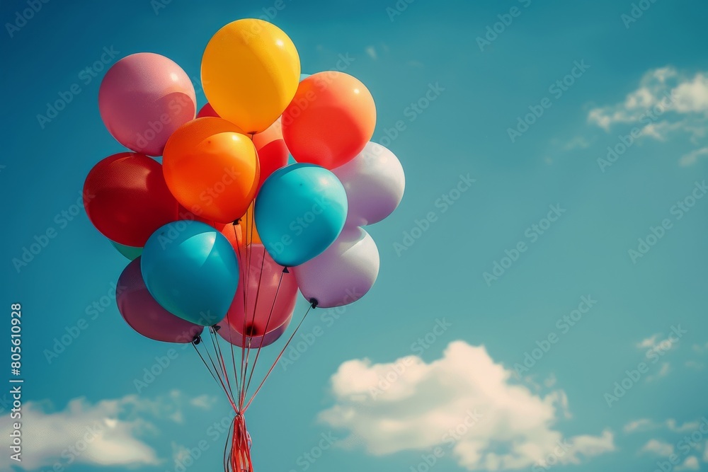 A vibrant bunch of balloons floats against a clear blue sky, evoking feelings of joy and celebration A vibrant bunch of balloons floats against a clear blue sky, evoking feelings of joy and celebration
