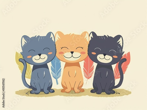 The simple art Of playful kittens, cute style, mixed with three colors: red, blue, yellow.