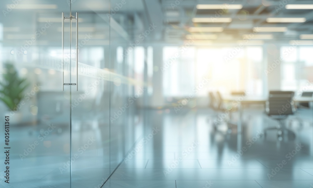 Blurred empty modern office interior with glass walls. Abstract blurred background of a business conference room in the style of a stock photo.