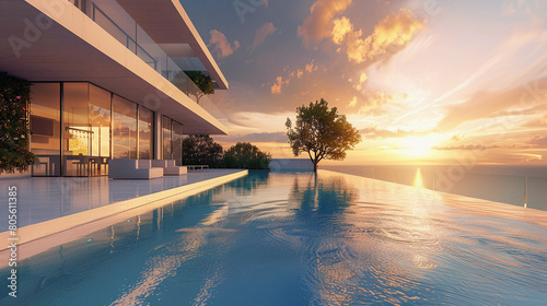 A modern mansion with a beautiful infinity pool and sunset, with sun loungers next to the pool, pool, swimming, luxury, summer, swimming pool, house, architecture, home photo