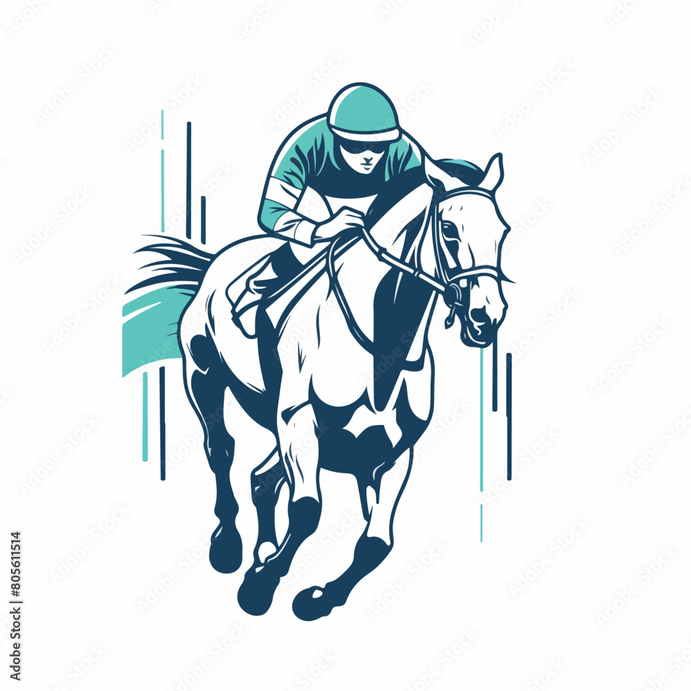 Fototapeta premium Horse and jockey in cartoon, doodle style. Image for t-shirt, web, mobile apps and ui. Isolated 2d vector illustration in logo, icon, sketch style, Eps 10. AI Generative