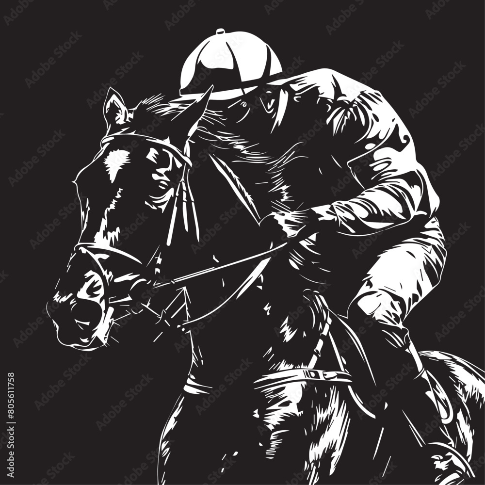 Fototapeta premium Horse and jockey in cartoon, doodle style. Image for t-shirt, web, mobile apps and ui. Isolated 2d vector illustration in logo, icon, sketch style, Eps 10. AI Generative