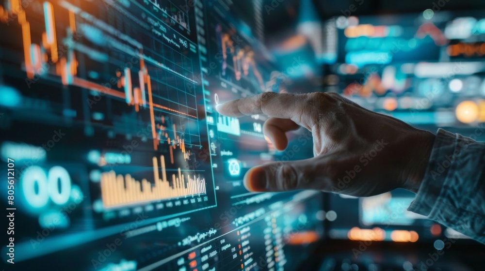 Businessman touching a digital screen with financial data and a graph of the stock market at an office, in a close up view, detailed photo. Businessman touching a digital screen with financial data and a graph of the stock market at an office, in a close up view, detailed photo.