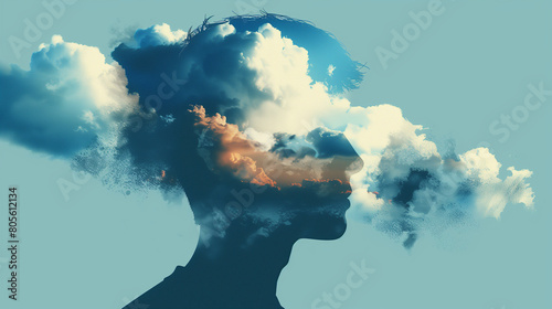 Abstract Human Silhouette with Clouds Merging in Sky © PixelCharm