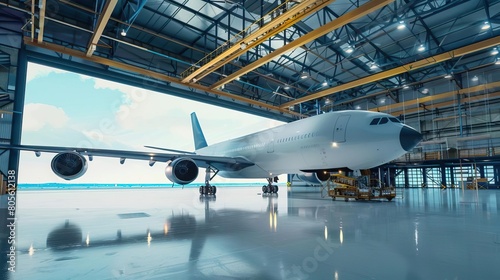 The image shows a large white airplane in a hangar. photo