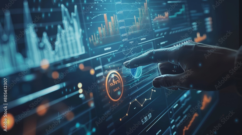 Businessman touching a digital screen with financial data and a graph of the stock market at an office, in a close up view, detailed photo.